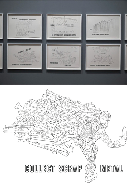 Figura 3: Oliver Ressler. Parte de la instalación Contours of the Coming World (2024). Dibujos a tinta de Claudia Schioppa. 42 x 29,7 cm. Kunstlerhaus Wien, 2025.