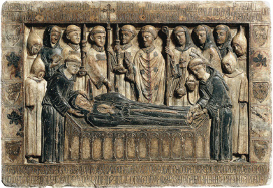 Figura 2: Anónimo. Lápida sepulcral de Margarida Cadell. Siglo XIV. Talla en mármol con restos de policromía, 62,5 ( 90,7 ( 10,5 cm.